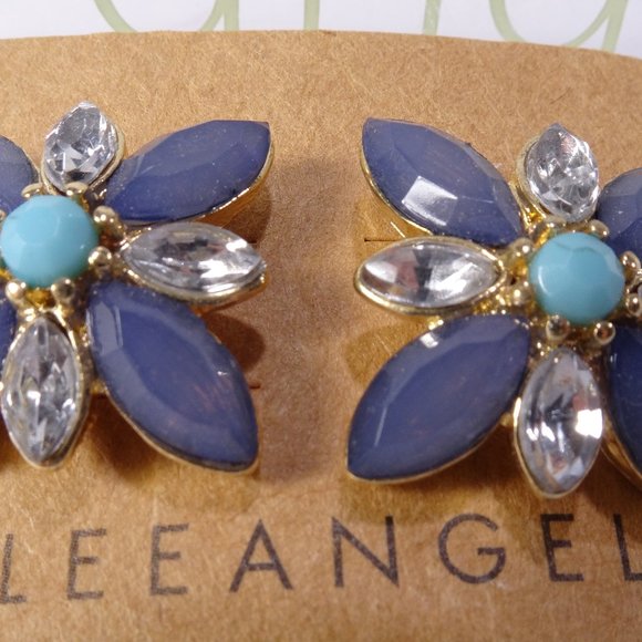 Lee Angel navy Cabochon Crystal Blue Bead Flower Stud Earrings NWT 78 - Picture 1 of 10